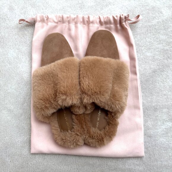 Brand New Beige/Light Brown Stuart Weitzman Edie Chill Suede & Faux Fur Mules - Picture 2 of 11